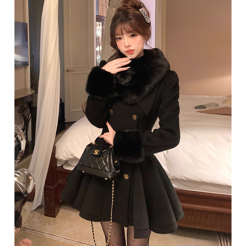 【25133】千金风掐腰显瘦裙摆款大衣女中长款毛呢外套