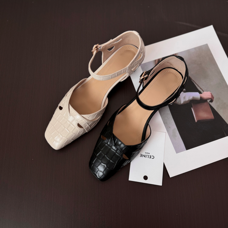 1962-8包头凉鞋女夏季新款粗跟中跟鞋小方头真皮大码女鞋一字带