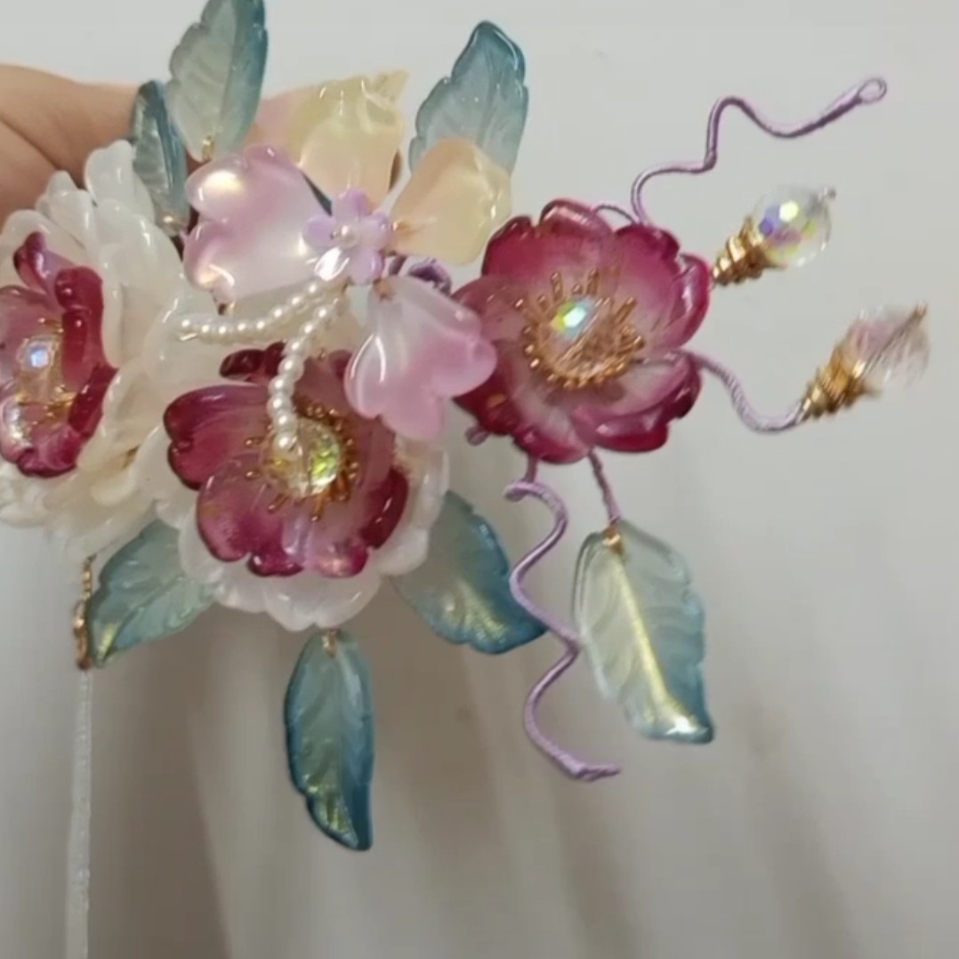 纯手工制作，古风琉璃木芙蓉花，大发梳款。