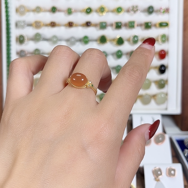 和田玉戒指银S925镀金镶嵌