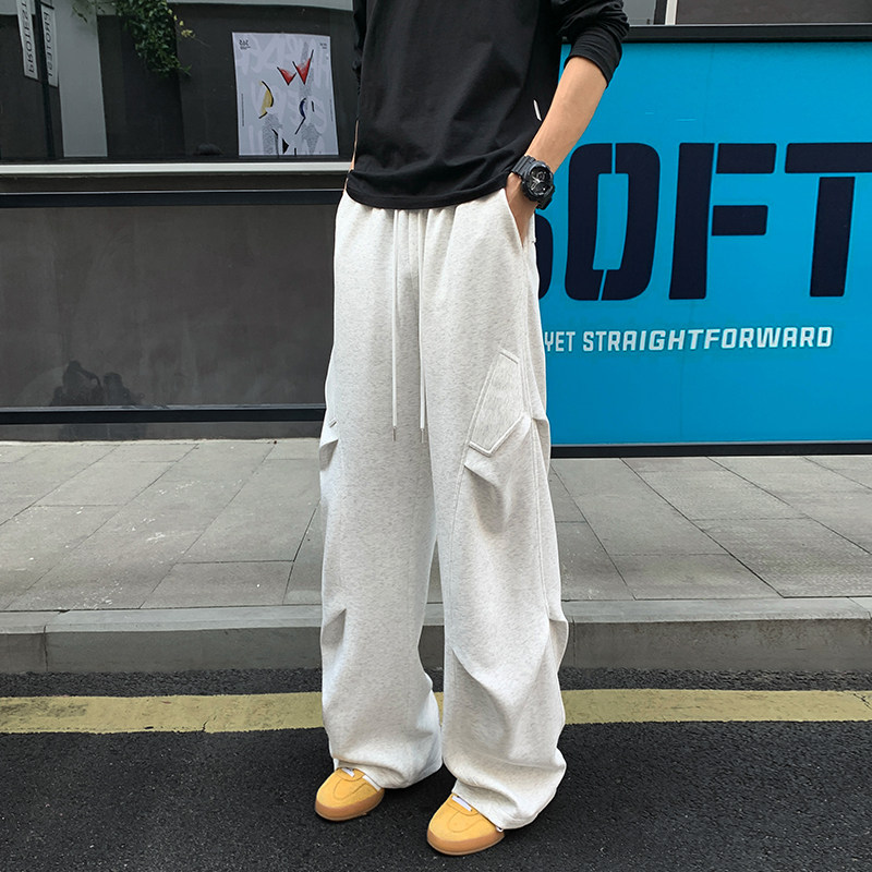 秋冬新款设计感褶皱工装卫裤男士休闲裤大码宽松百搭直筒裤长裤子