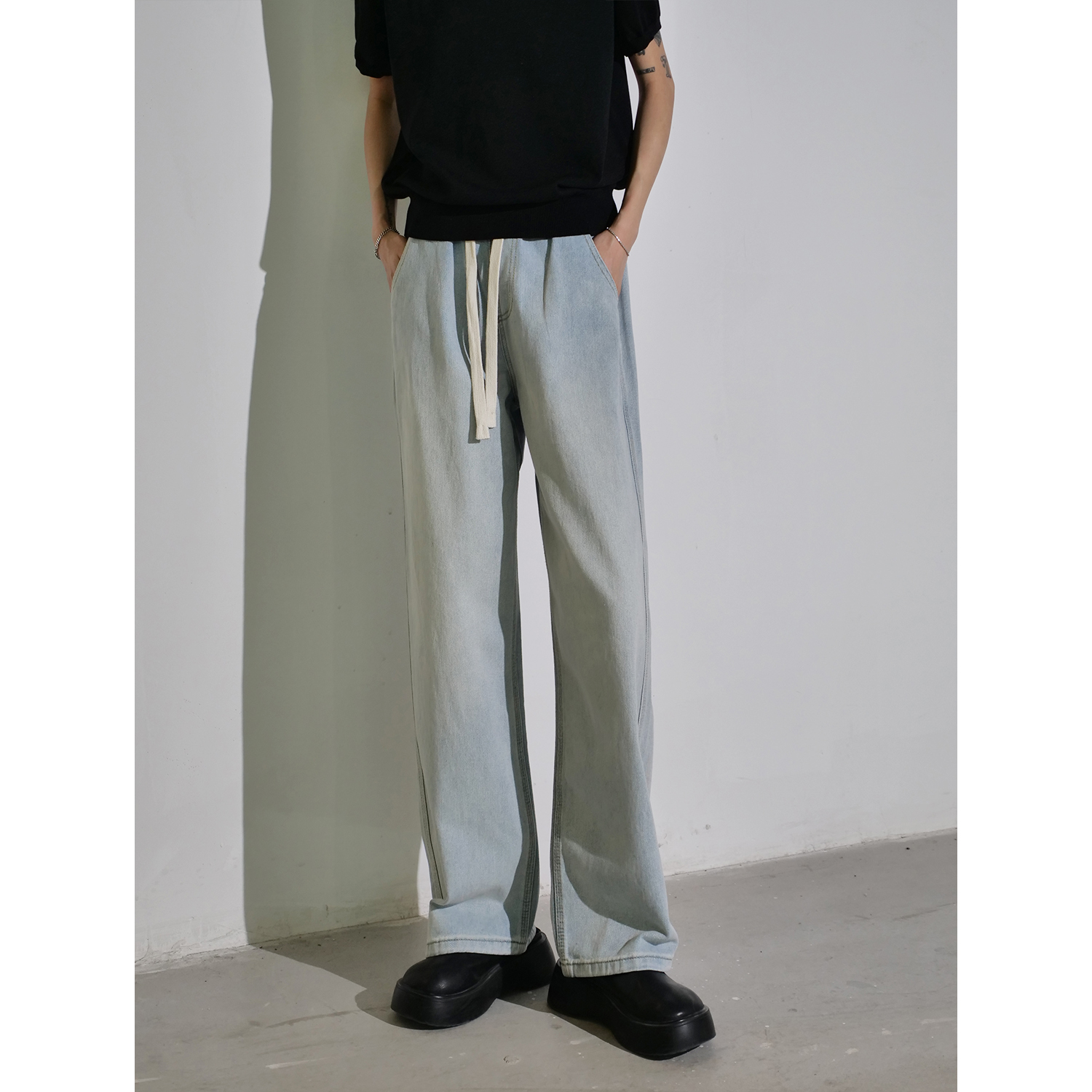 SPFL冰川蓝复古水洗牛仔裤秋季男宽松直筒美式做旧休闲长裤裤子