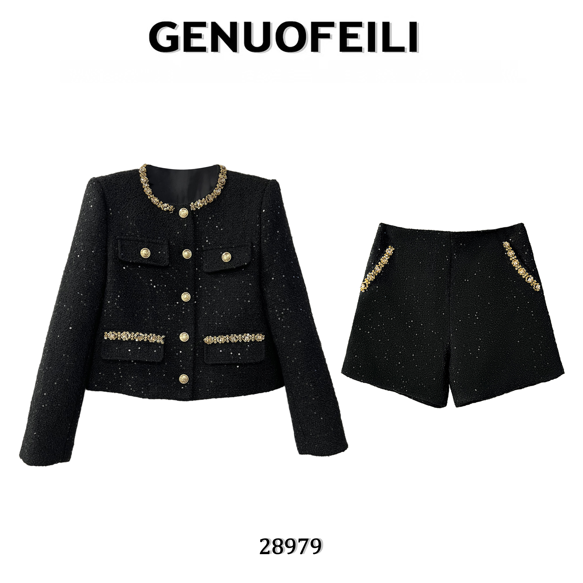 【诗语专属】重工设计名媛黑色显瘦修身长袖高级小香风外套28979