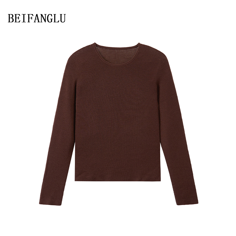 北方鹿【100%精纺绵羊毛】秋冬简约圆领显瘦弹力针织打底衫女251372