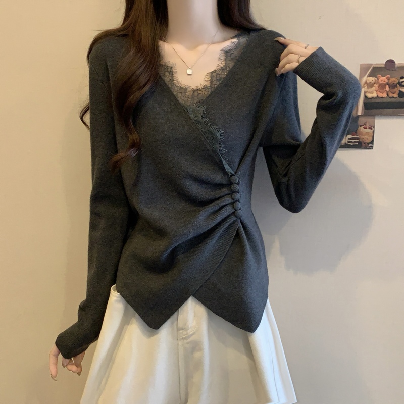 大码女装遮肚子法式蕾丝V领针织衫女秋冬胖mm显瘦不规则打底毛衣