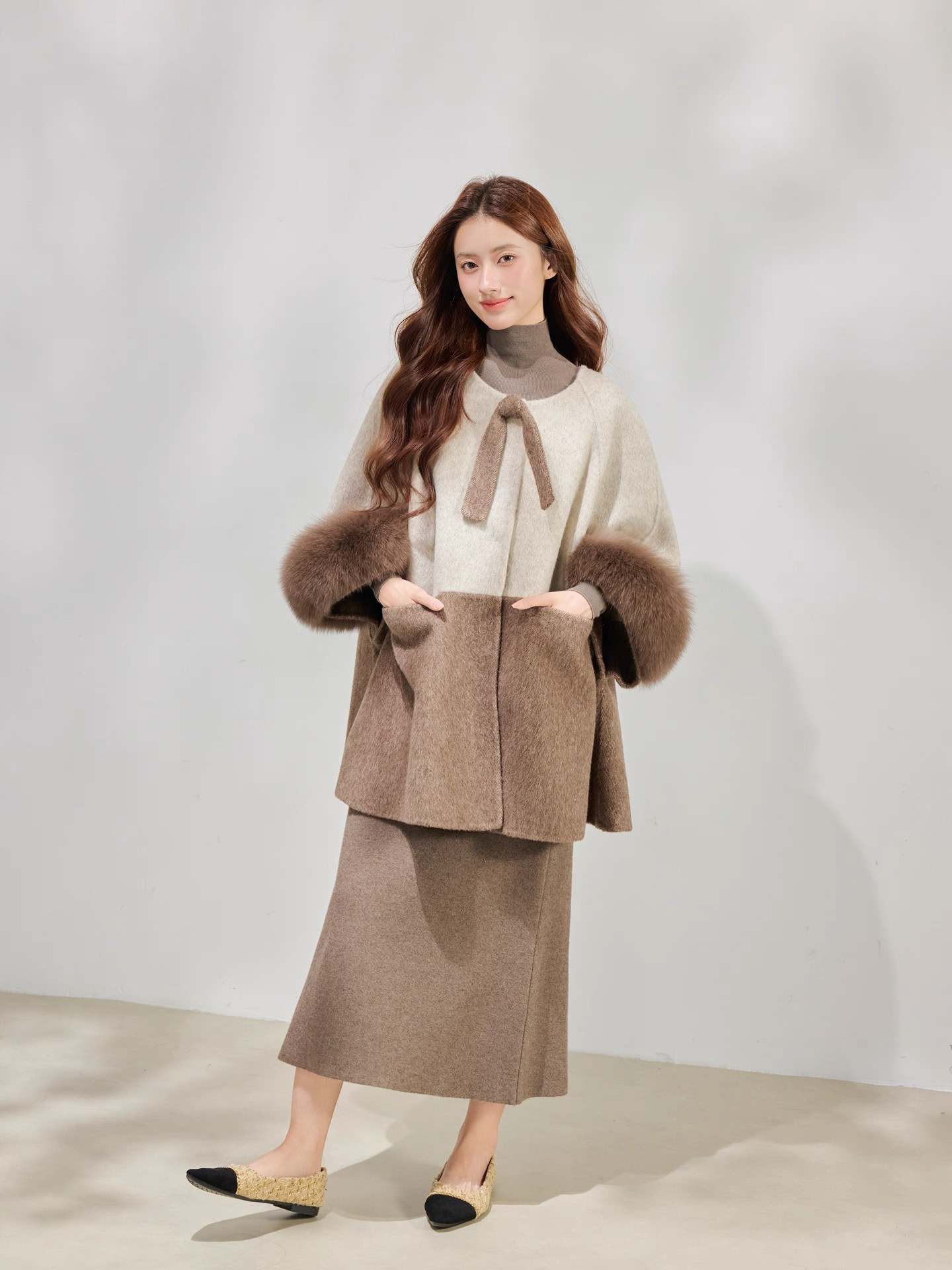 纯朴/双拼色双面羊毛狐狸毛大衣/中长款