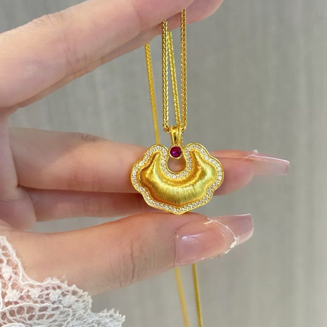 XL3759  点钻拉丝祥云锁项链  新中式富贵锁包项链