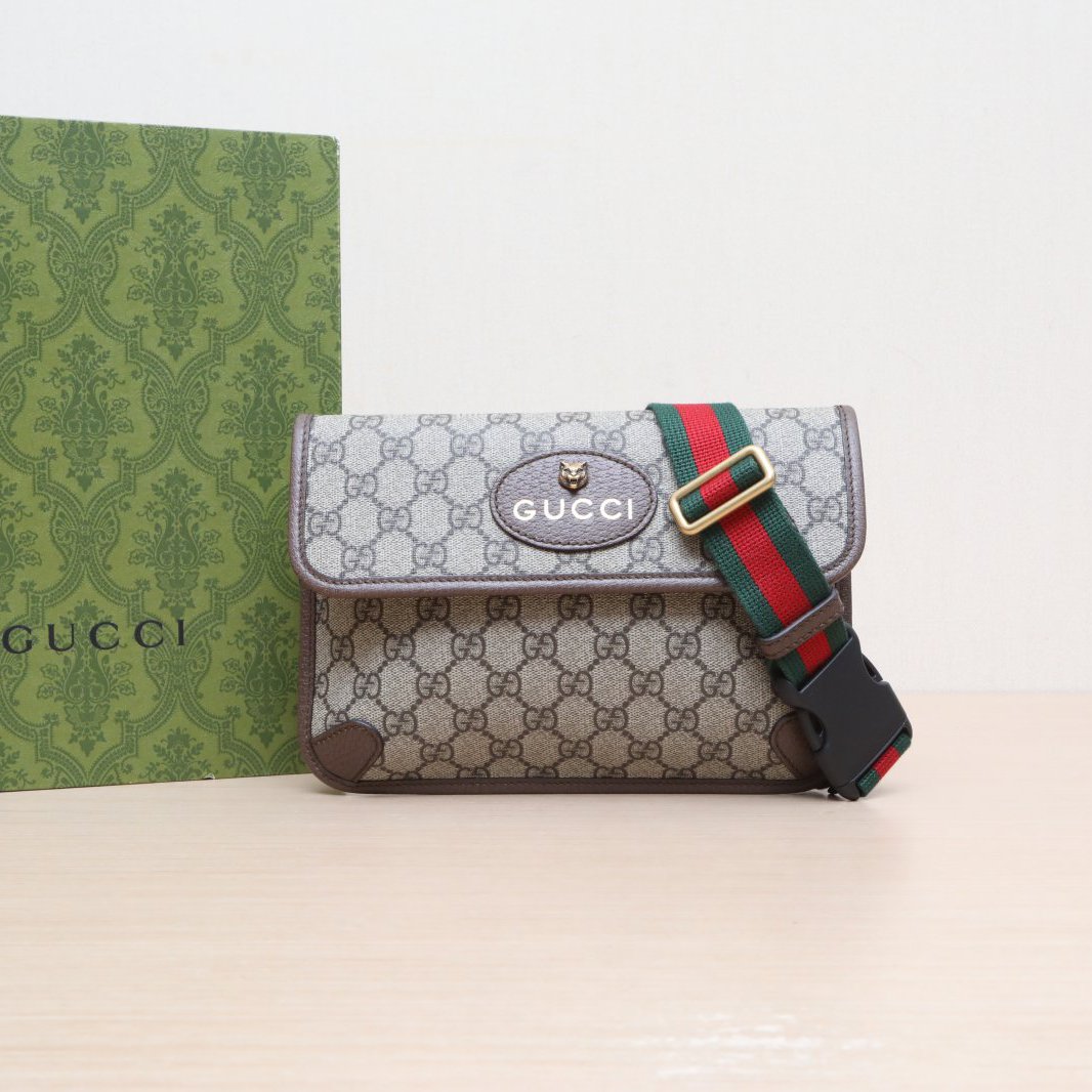 95新 GUCCI/古驰 虎头 腰包 24 乌木色 PVC P205843389