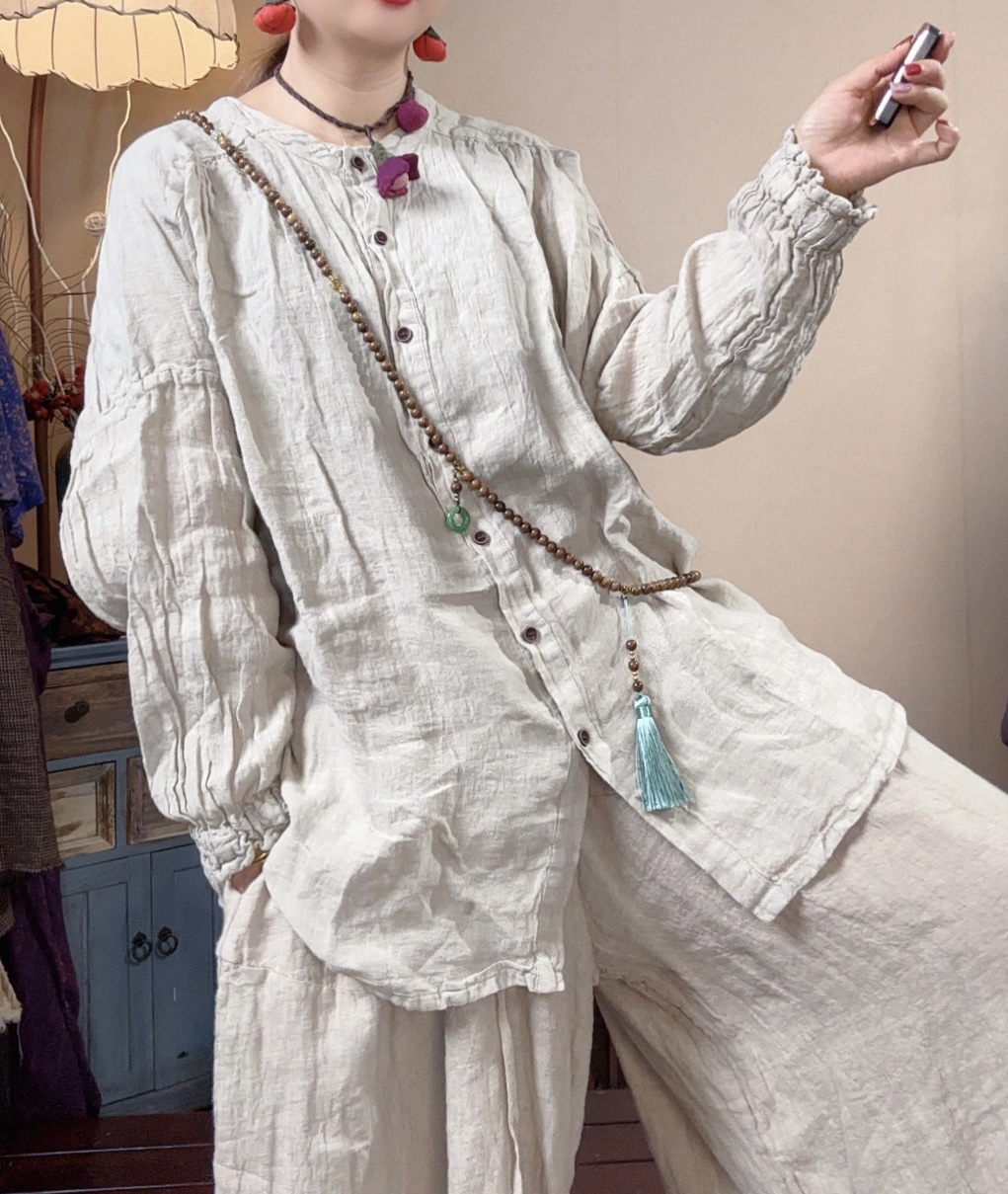 【语禾】Y5505进口雨露亚麻秋款慵懒风大码衬衫外套（衣长72胸围148）