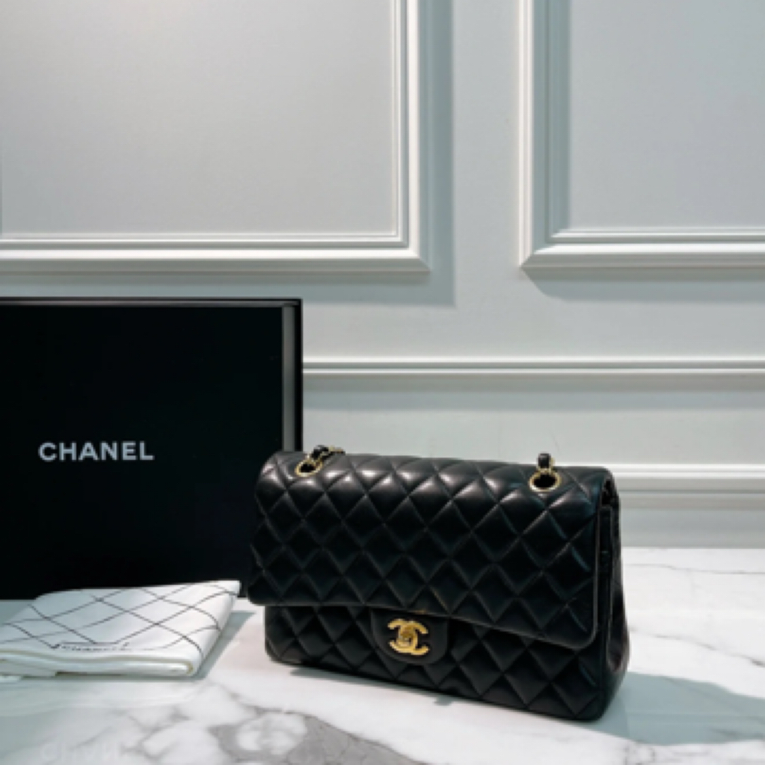 95新 Chanel/香奈儿 黑金cf中号羊皮26开单肩包/20707 经典小香风