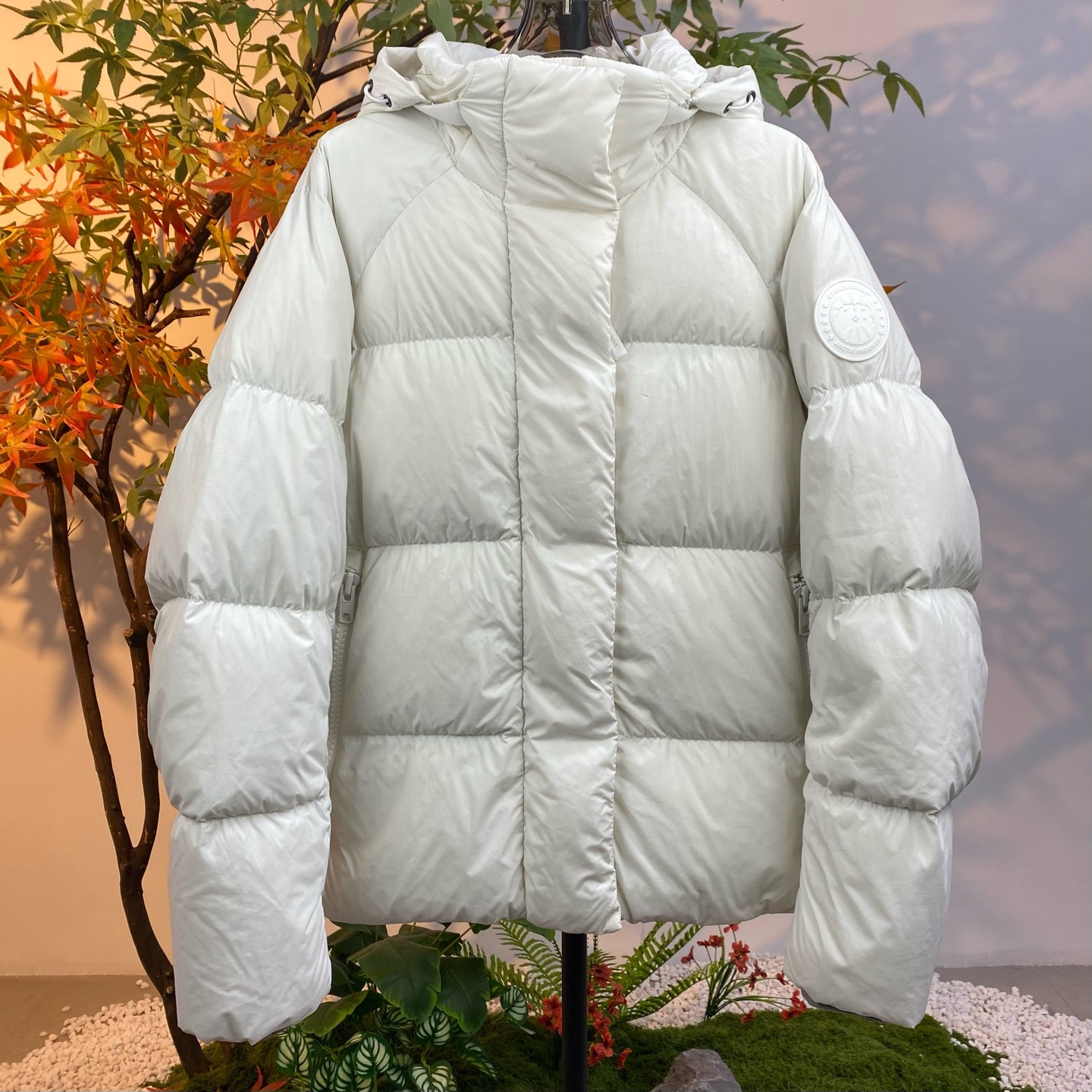 99新 CANADA GOOSE 2508285/L码/纯色Logo袖标连帽拉链羽绒服