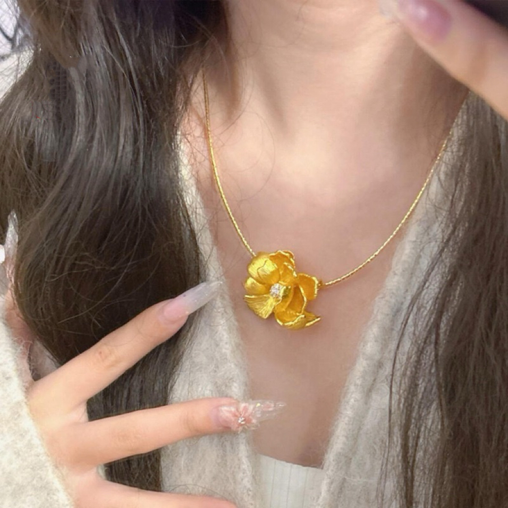 铜合金吊坠 金店同款拉丝镶钻牡丹花芍药花吊坠项链新中式项圈