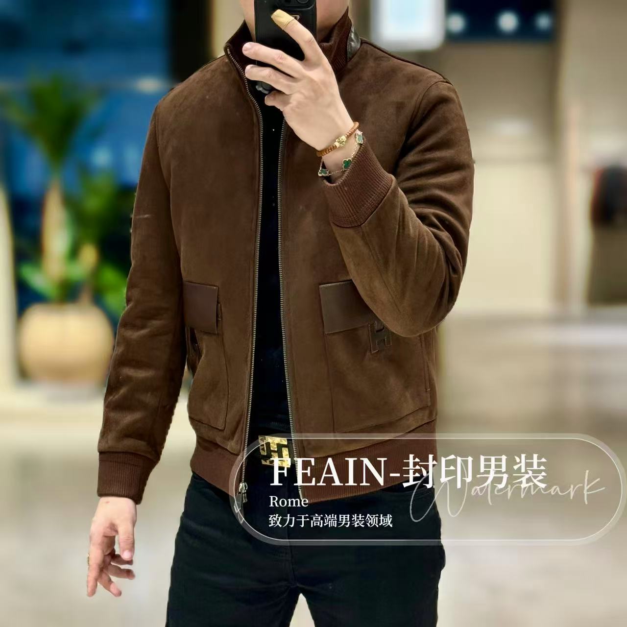 【鹅绒】高端定制男士真皮拼接鹅绒立领夹克羽绒服5577