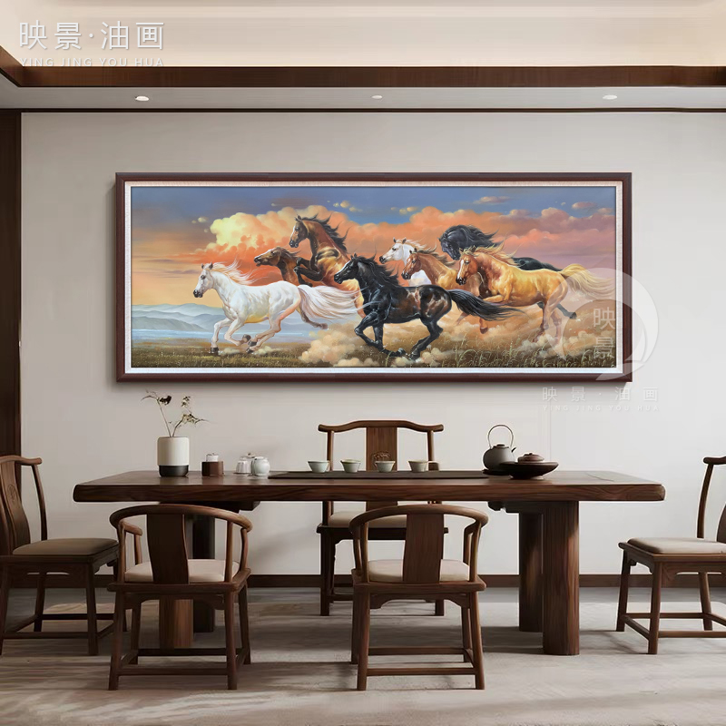 手绘油画马到成功新中式客厅装饰画背景墙挂画办公室八骏图