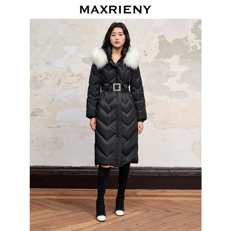 【达人专属】MAXRIENY羽绒服款收腰过膝长款毛条领外
