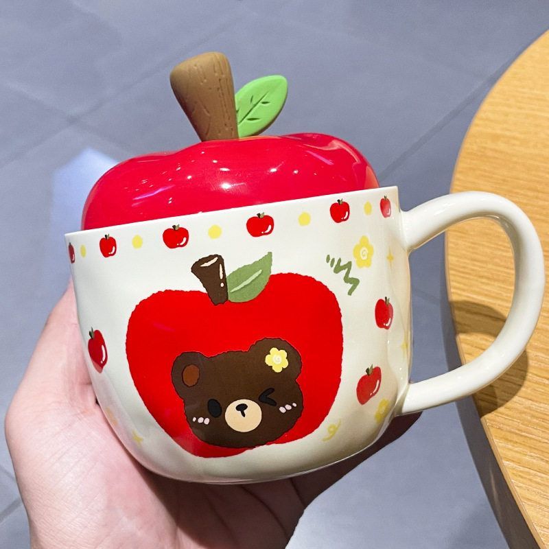 高颜值小熊苹果杯子带盖马克杯圣诞节陶瓷杯女家用可爱创意礼品