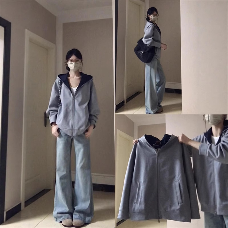 亦声撞色连帽卫衣外套女早秋季2025新款慵懒宽松长袖拉链开衫LYP