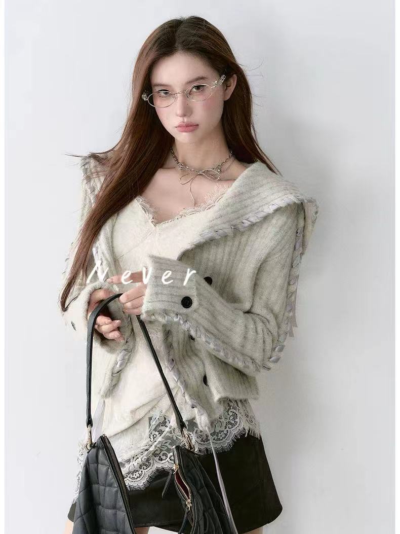  韩系穿搭灰色飘带大翻领毛衣外套女秋冬慵懒高级感针织开衫上衣