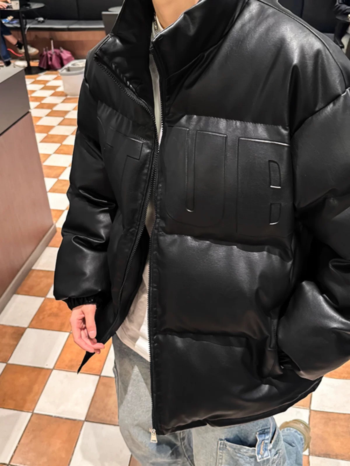 冬季PU皮防风加厚皮衣棉服男女潮牌字母印花宽松保暖百搭棉衣外套