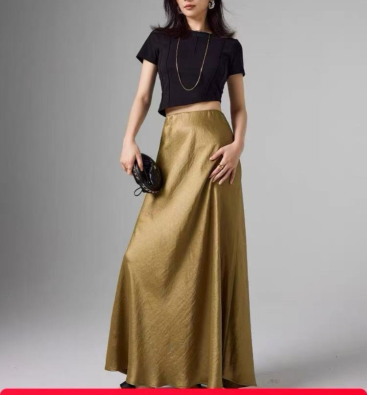 气质高级感醋酸缎面A字包臀中长款半身裙女F2