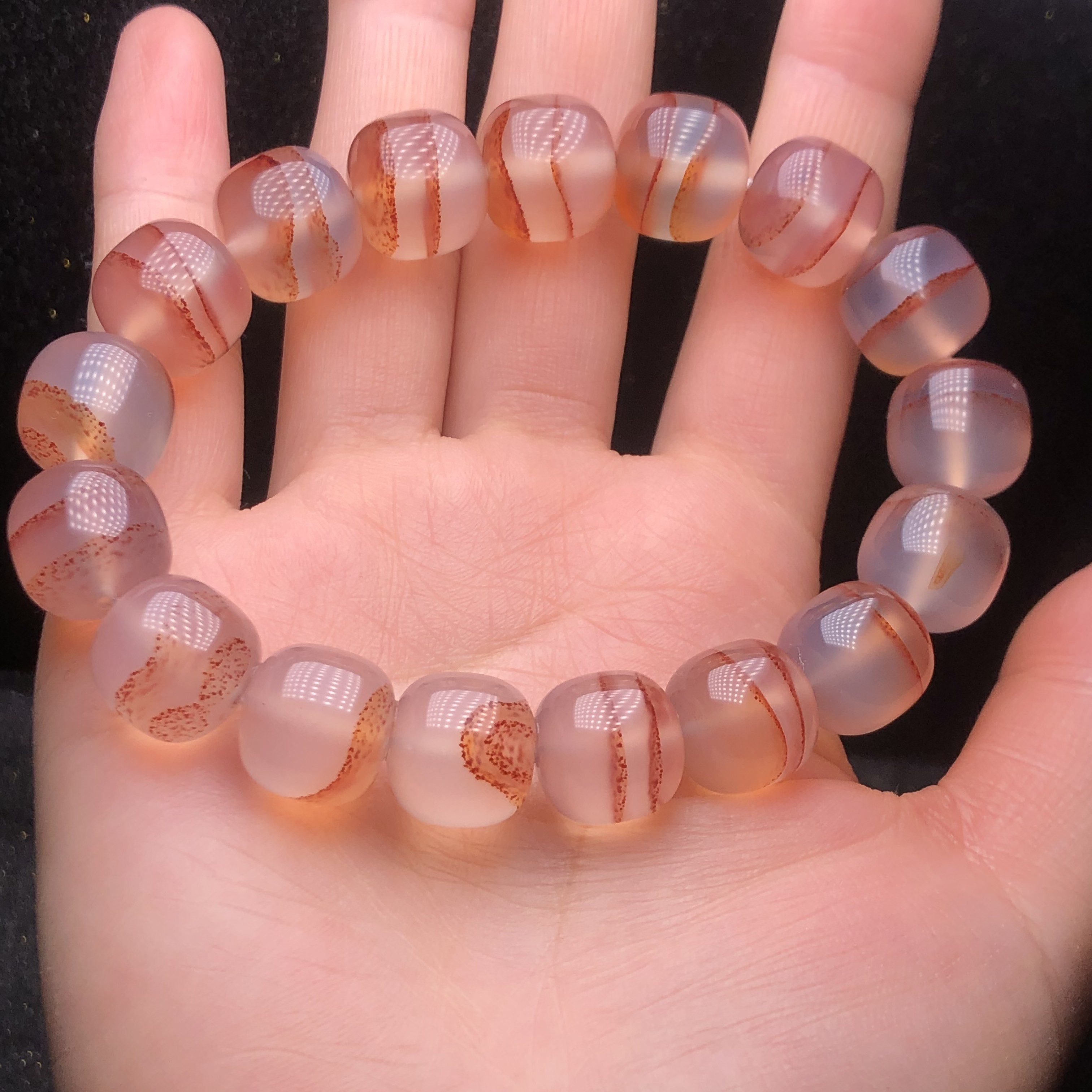 天然玛瑙玉髓飘橘红色沙线条冰种底老型珠手串男女款饰品生日礼物