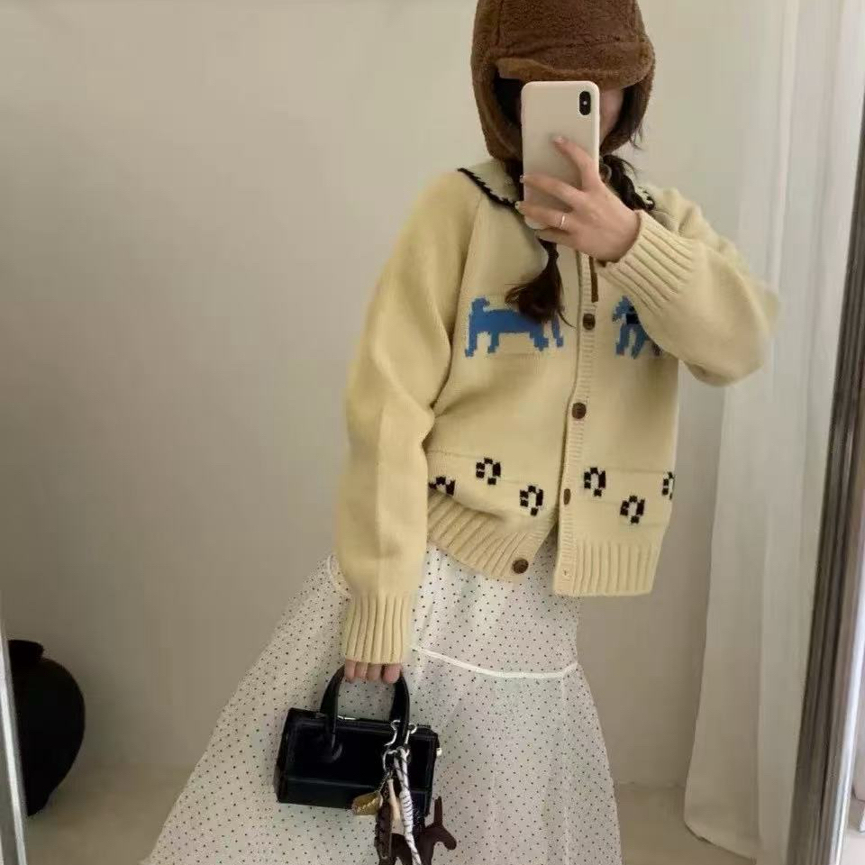 81168 （9吃草）韩系撞色翻领卡通毛衣开衫