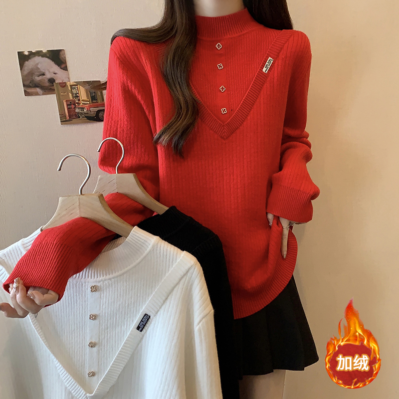 0729 秋冬宽松减龄半高领胖mm200斤显瘦大码女装长袖针织衫 
