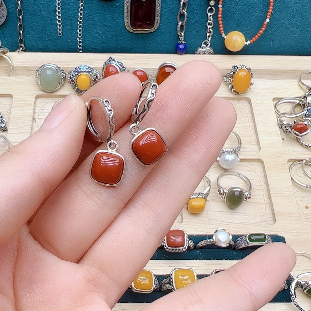 玛瑙/玉髓耳饰银S925镶嵌