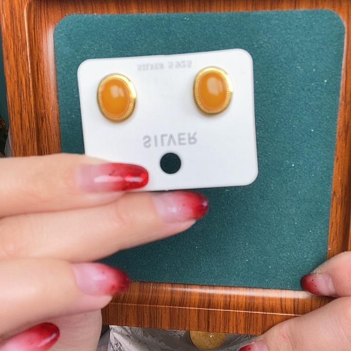 蜜蜡耳饰银S925镶嵌耳钉