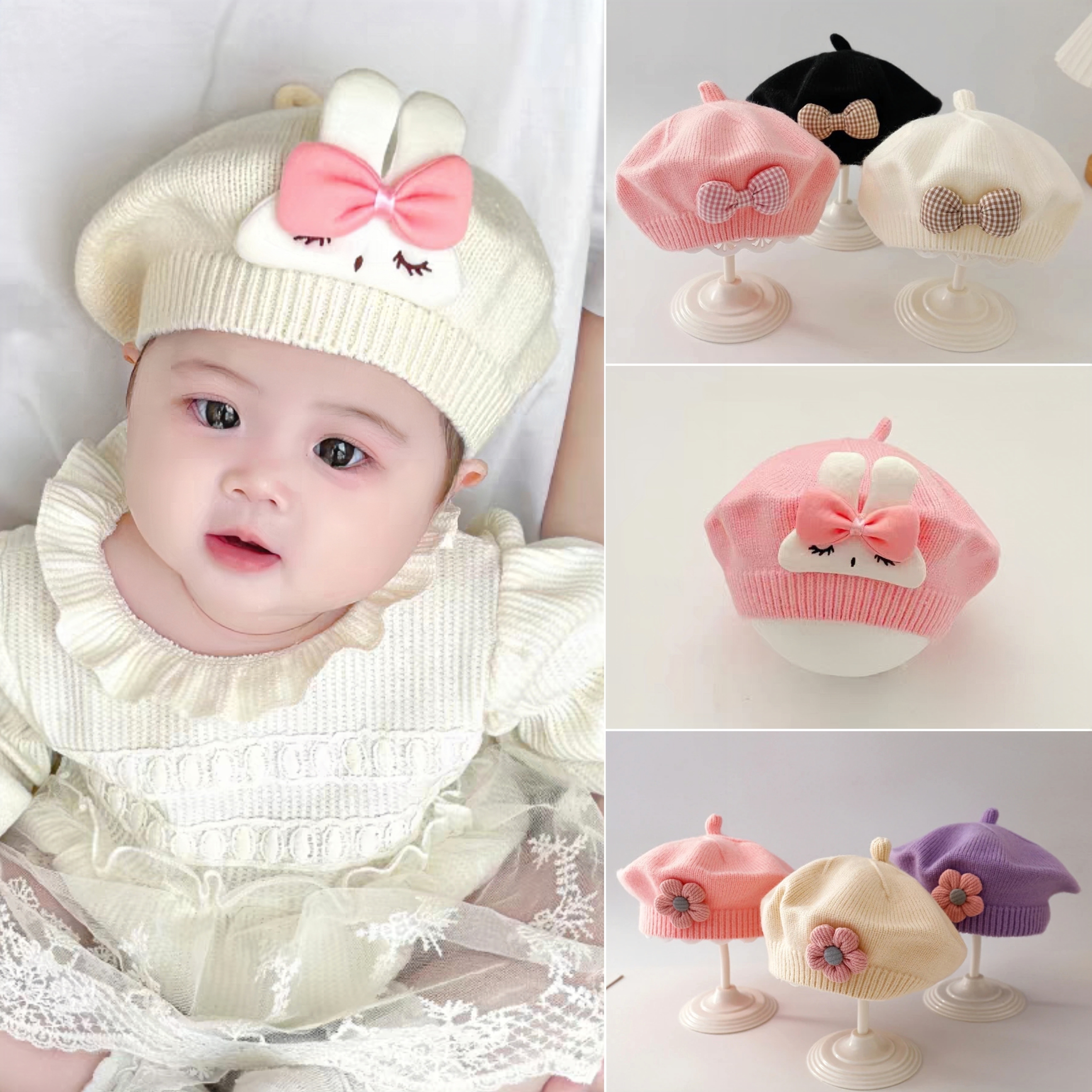 婴儿帽子春款女宝宝贝雷帽新生幼儿毛线儿童针织公主可爱超萌潮