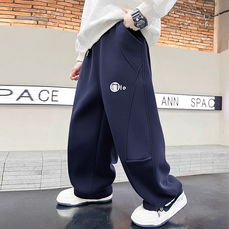 2025新款 宽松时尚洋气百搭韩版格子拼腰男童弯刀裤中大童