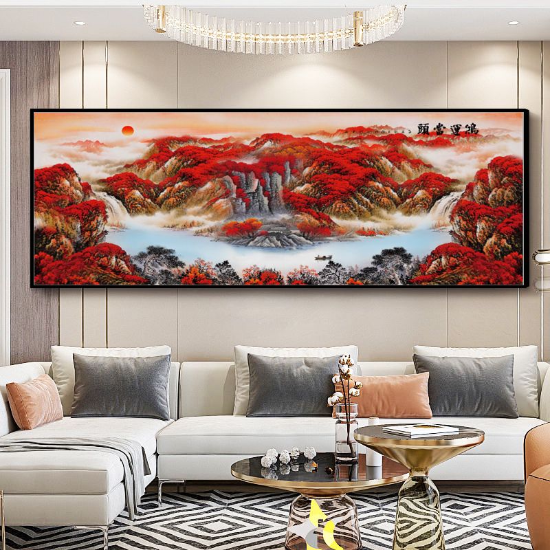 【鸿运当头】 新中式背景墙 山水画客厅挂画办公室晶瓷镶钻挂画