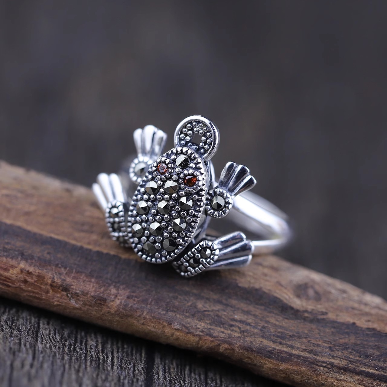 925银戒指 复古青蛙S925纯银微镶马克赛石蟾蜍招财进宝戒指手工