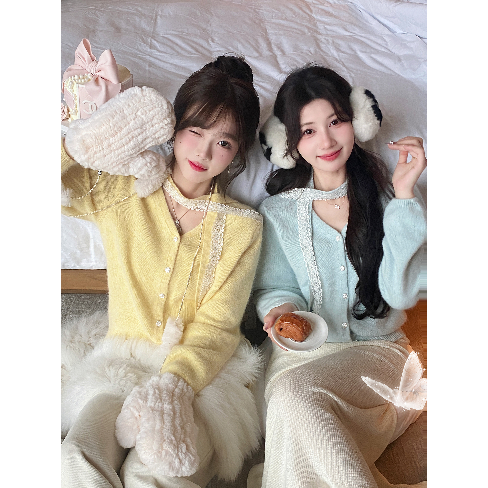 GA盈瓷新中式春季高级感多色羊毛蕾丝飘带V领小个子开衫 24FW1038