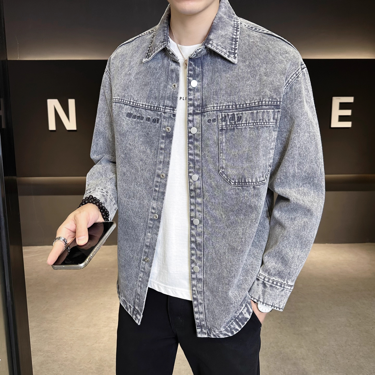 痞帅慵懒风宽松翻领休闲外套男春秋2025新款时尚潮流百搭牛仔夹克