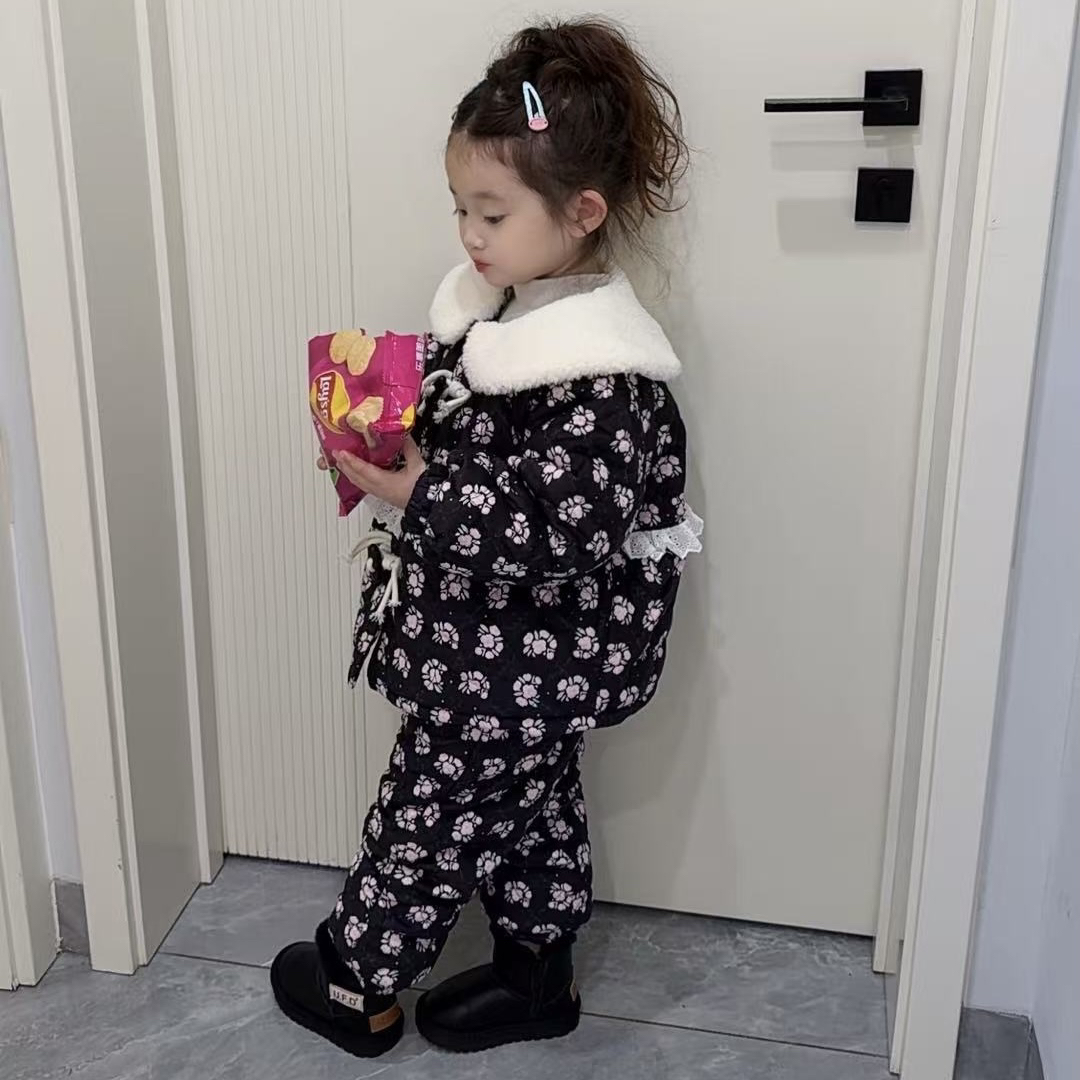 冬季女童三层加厚加绒碎花家居服