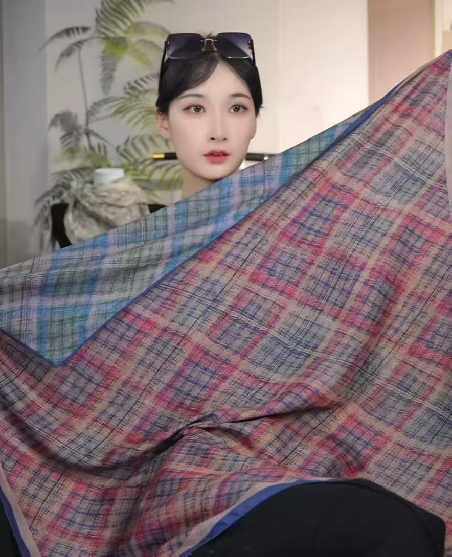 【B139】暮霞格纹 丝毛方巾 围巾90*90左右