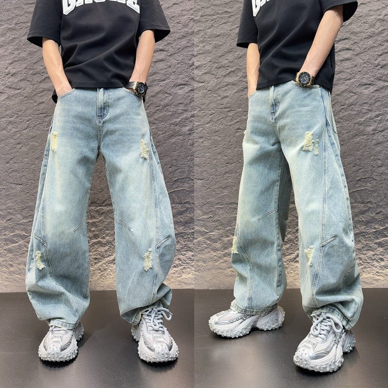 潮牌宽松痞帅秋冬男士裤子牛仔裤直筒网红牛仔男裤复古美式休闲