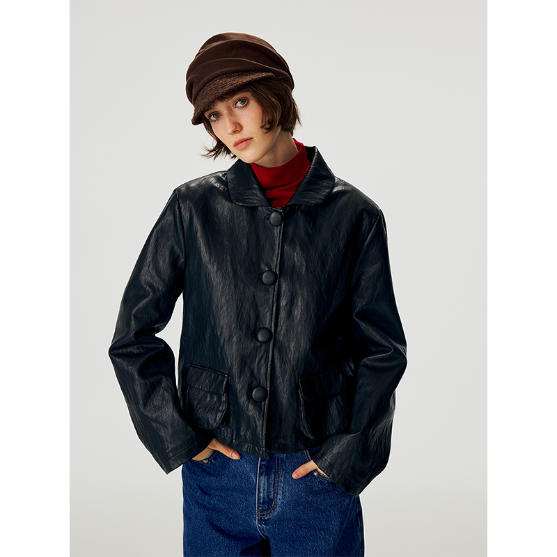 TDDP“迁徒”娃娃领摩登黑色皮衣短外套女2025新款秋冬质感夹克