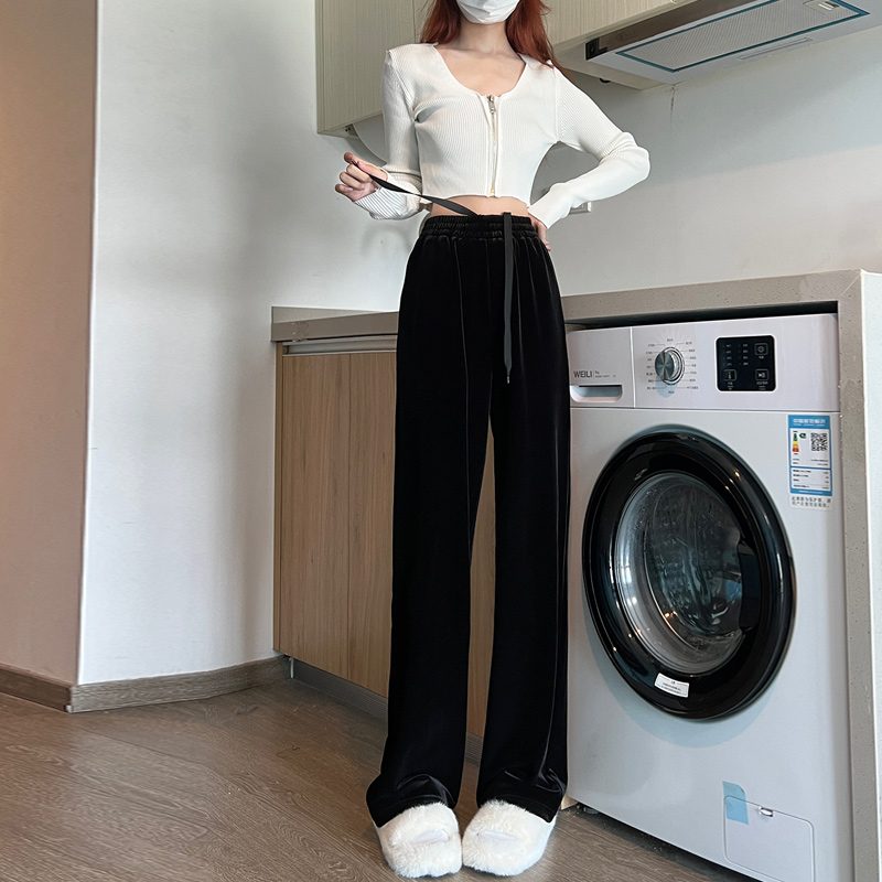 黑色金丝绒阔腿裤女加绒秋冬小个子垂感百搭加厚直筒丝绒休闲裤子