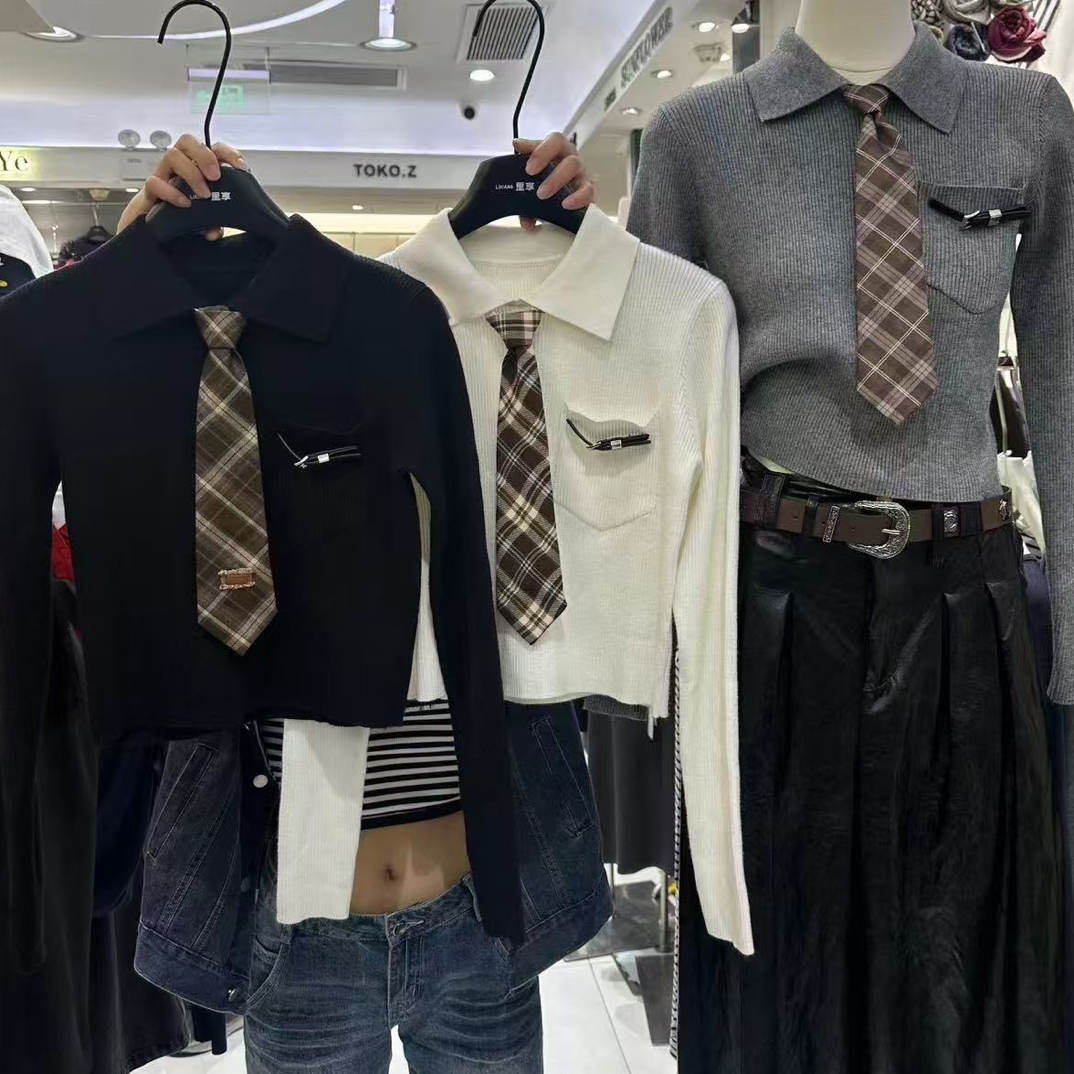 常规秋季长袖针织薄款毛针织衫套头短款纯色修身型带领带