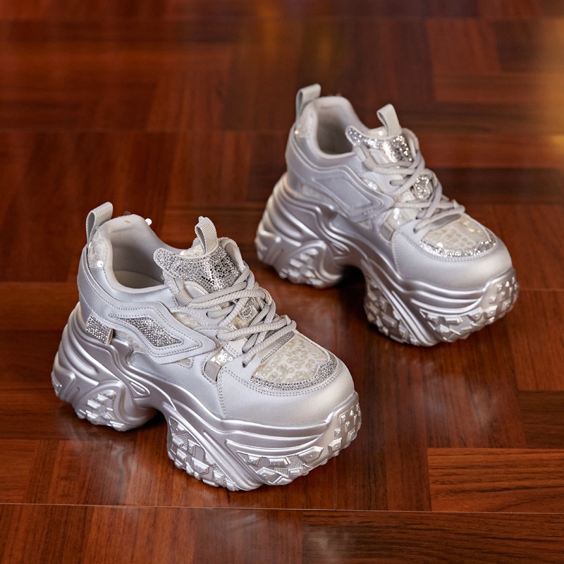银色老爹鞋女2024年秋季新款小个子休闲鞋百搭亮片厚底内增高女鞋