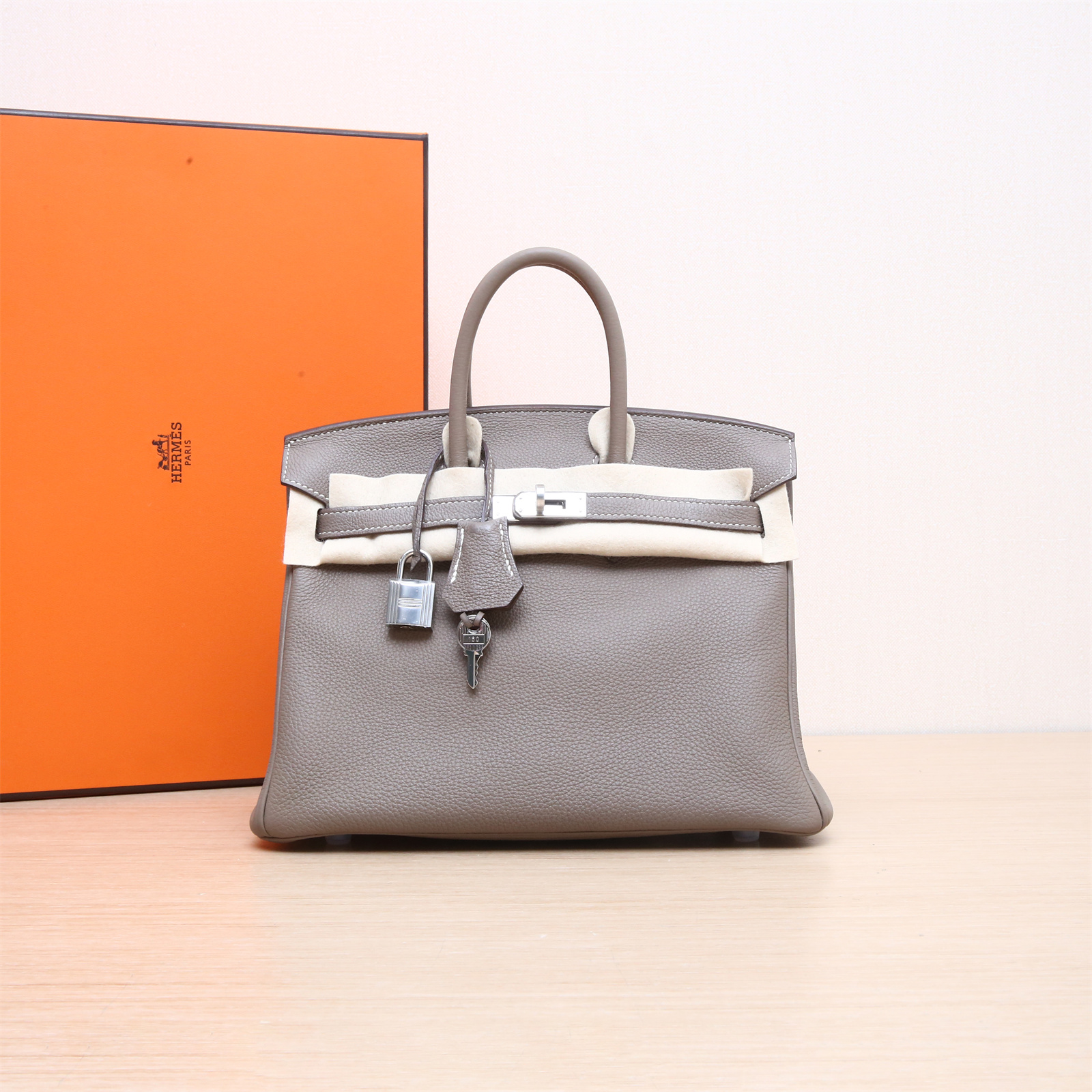 95新 Hermes/爱马仕 小花Jerry 458905Birkin 25 大象灰 C刻 包