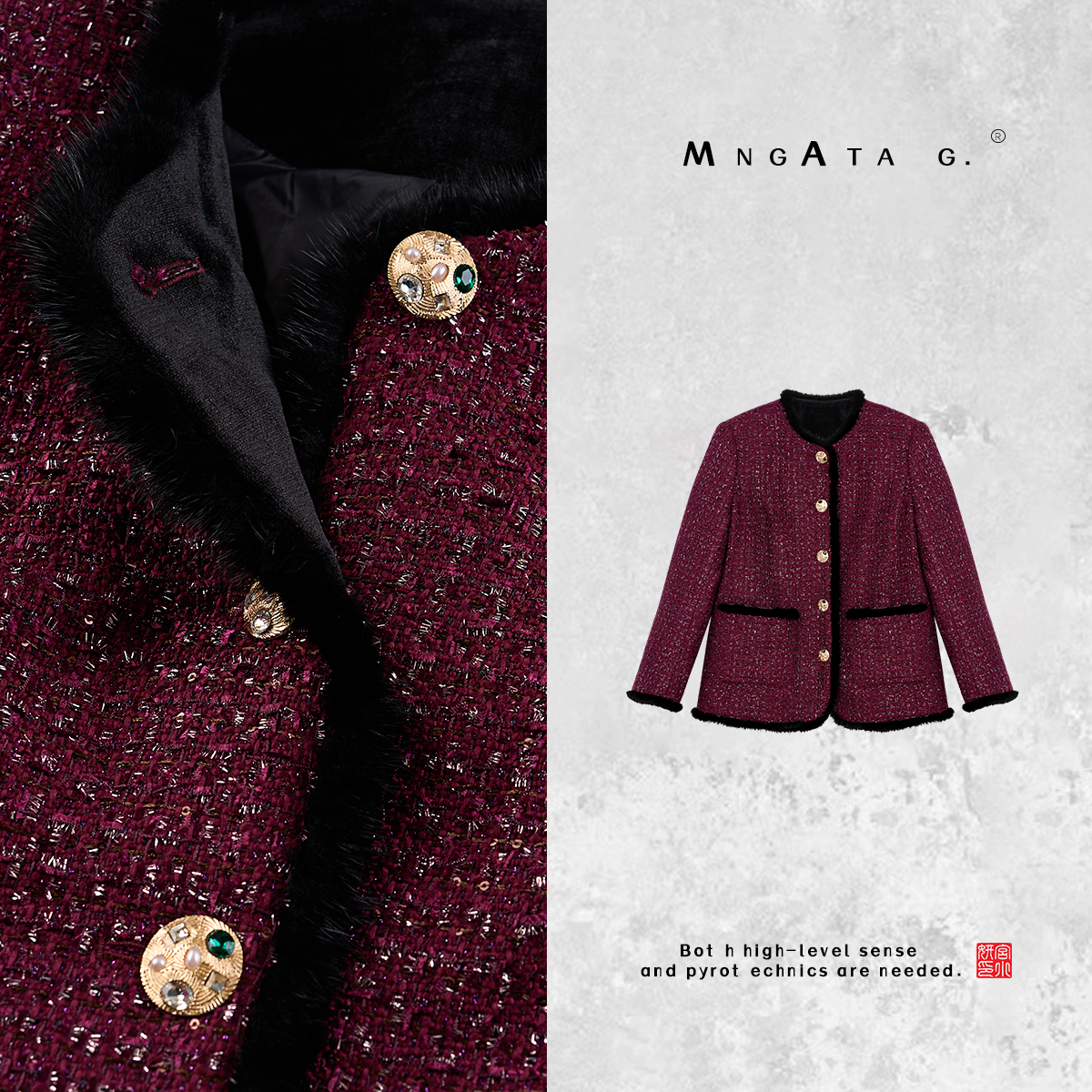 MNGATA G.宫小妍【冬海棠】白鹅绒拼水貂中式轻奢红外套冬季X280526