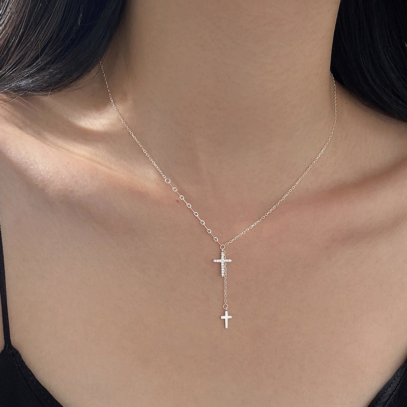 坠链均925银合成锆石 小众款镶钻流苏双十字架项链Y字链锁骨项链
