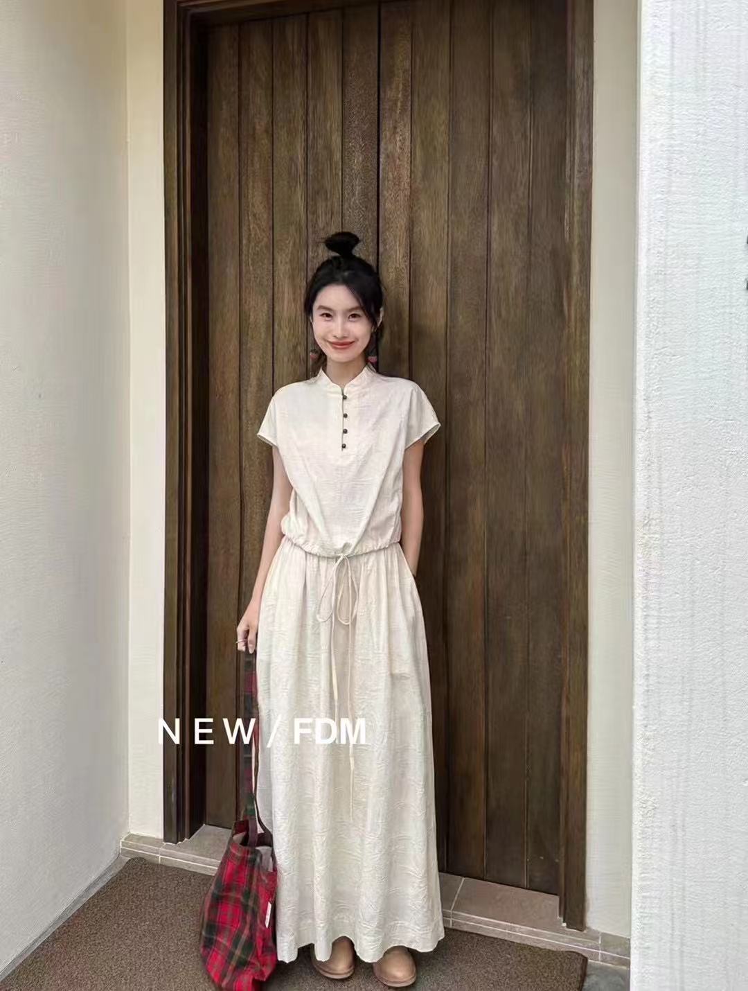 棉麻女夏季轻熟风高腰半身裙小立领上衣