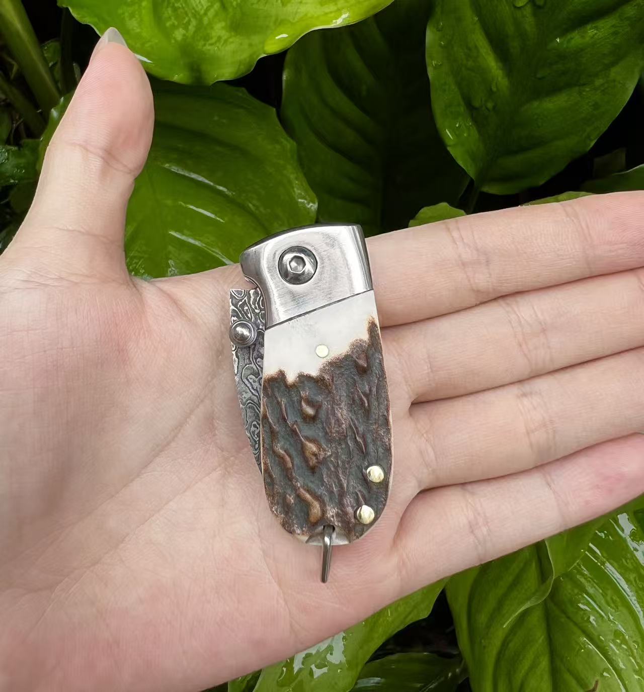 鹿角大马士革钢口袋小刀 钥匙扣小刀