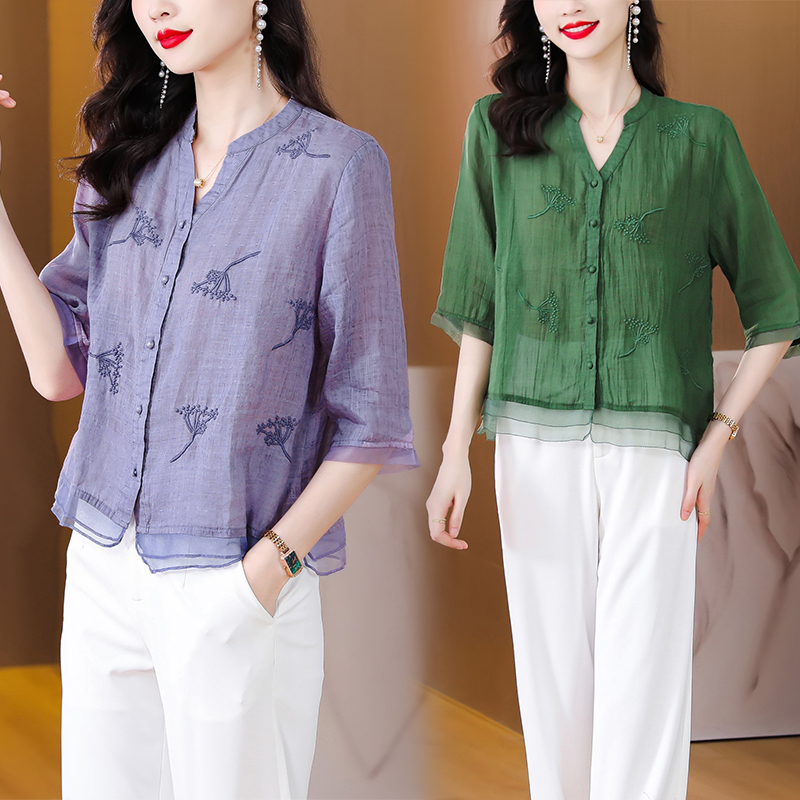 复古刺绣褶皱开衫衬衫宽松休闲气质高端民族风女装新款