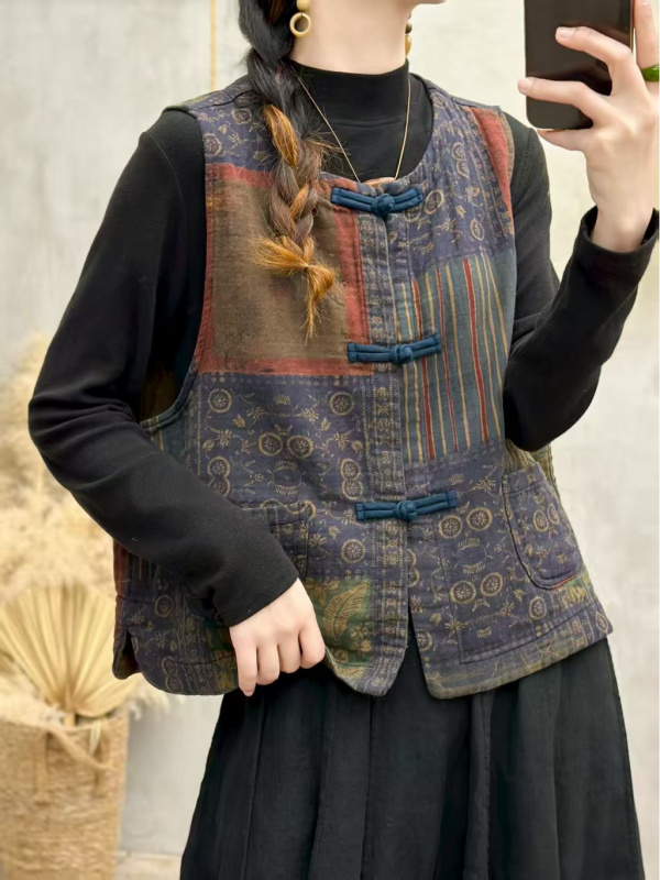 8610秋冬复古炒色夹棉加厚马甲宽松休闲圆领套头无袖外穿坎肩背心