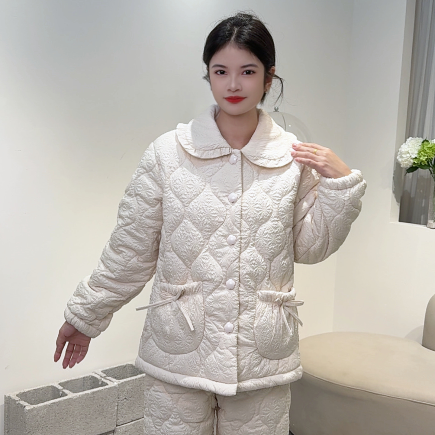 2025派花秋冬经典压花三层夹棉男女睡衣家居服套装